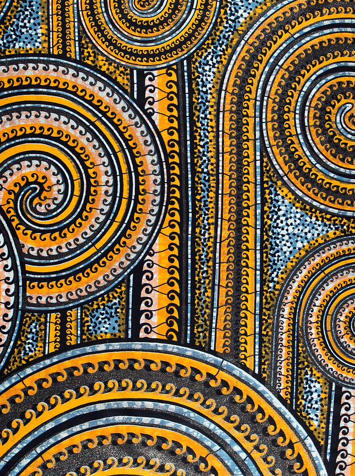 Vibrant orange black spiral-patterned fabric grand super-wax vls0388.006