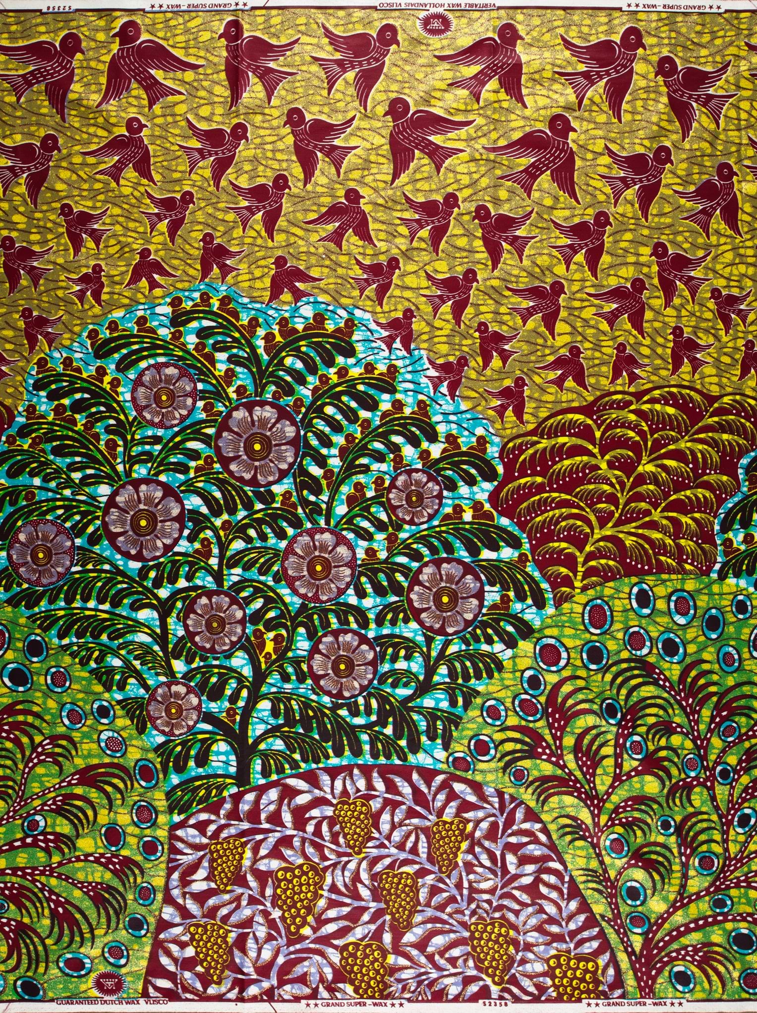 Vibrant yellow maroon bird-patterned african grand super-wax vls2358.002