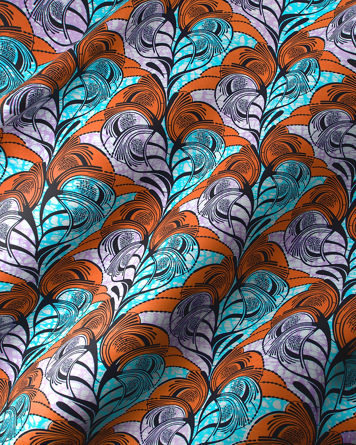 Vibrant orange teal purple feather-patterned super-wax vls3520.005