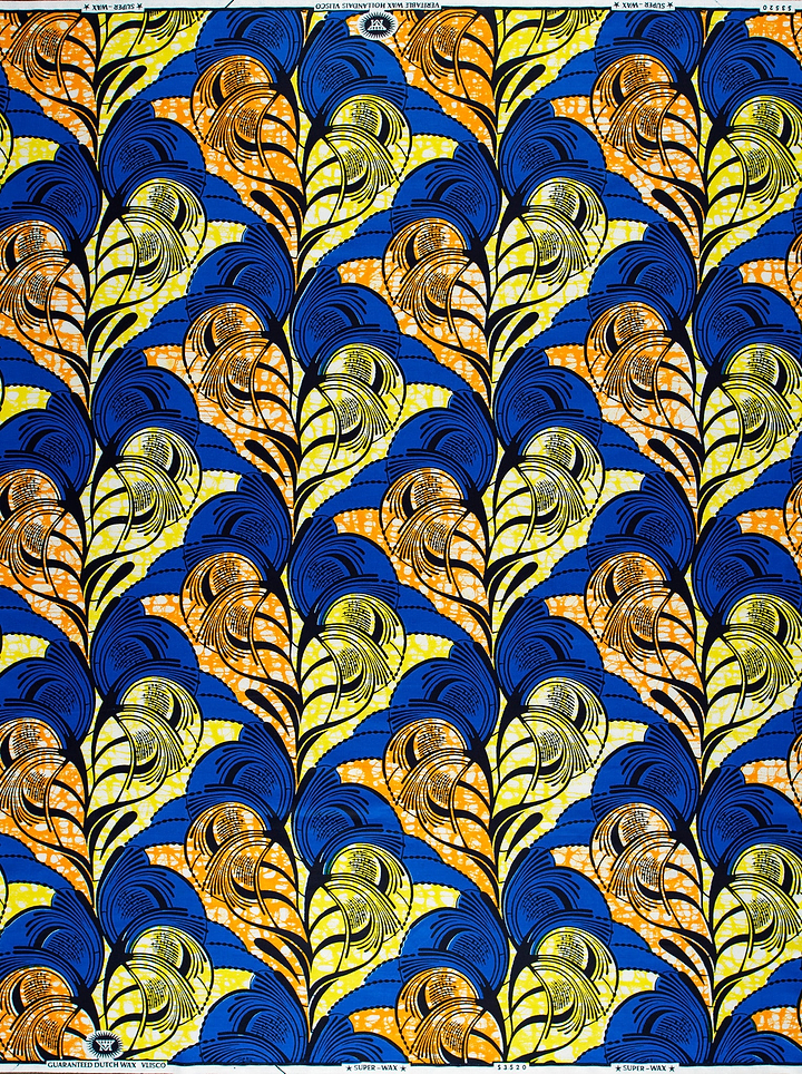 Vibrant blue yellow gold feather-patterned super-wax vls3520.007