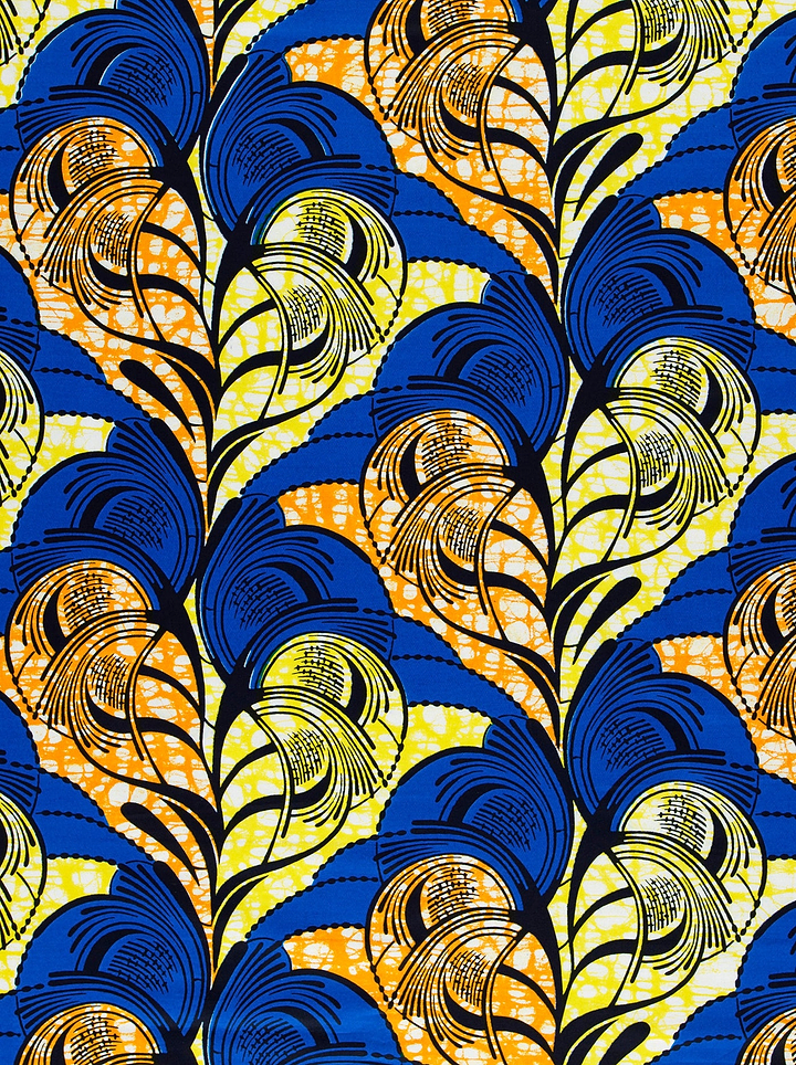 Vibrant blue yellow feather-patterned african super-wax vls3520.007
