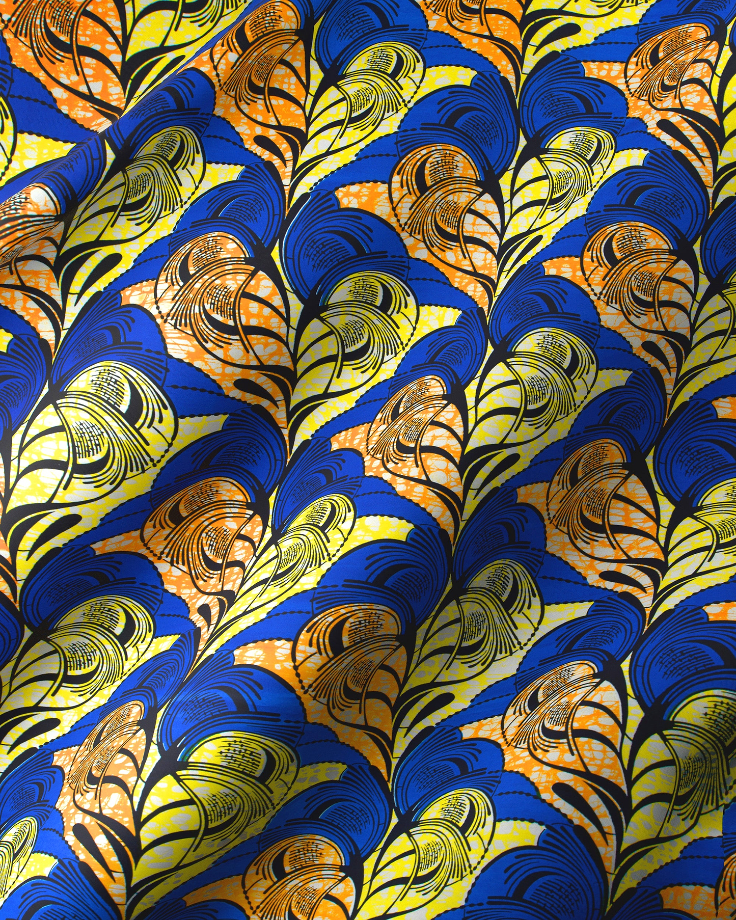 Vibrant blue yellow feather-patterned african super-wax vls3520.007