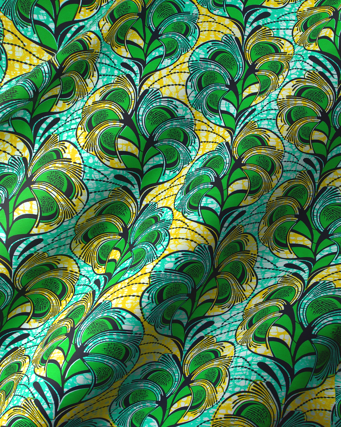 Vibrant green yellow feather-patterned fabric super-wax vls3520.013
