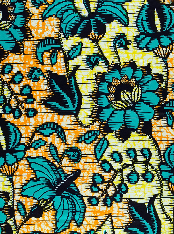 Vibrant turquoise black floral-patterned fabric super-wax vls6412.010