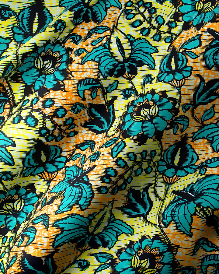 Vibrant yellow teal floral-patterned fabric super-wax vls6412.010