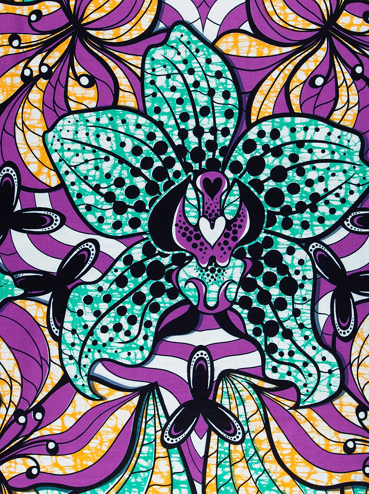 Vibrant teal purple orchid-patterned fabric super-wax vls6516.001