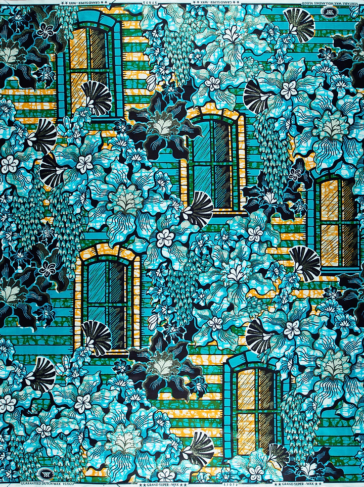 Vibrant turquoise black floral-patterned fabric grand super-wax vls7072.006