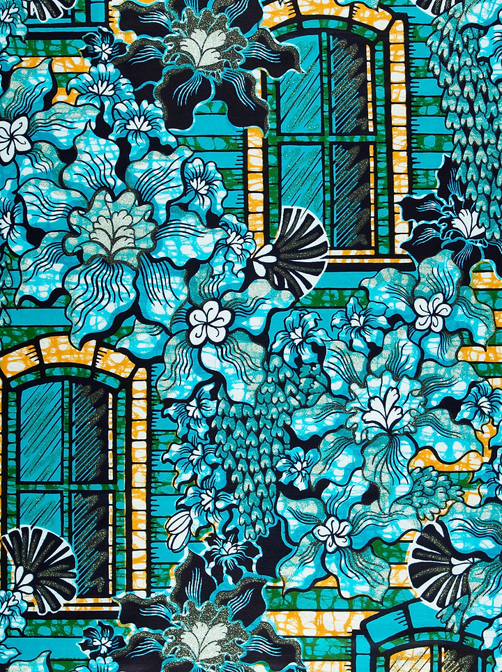 Vibrant turquoise black floral-patterned fabric grand super-wax vls7072.006