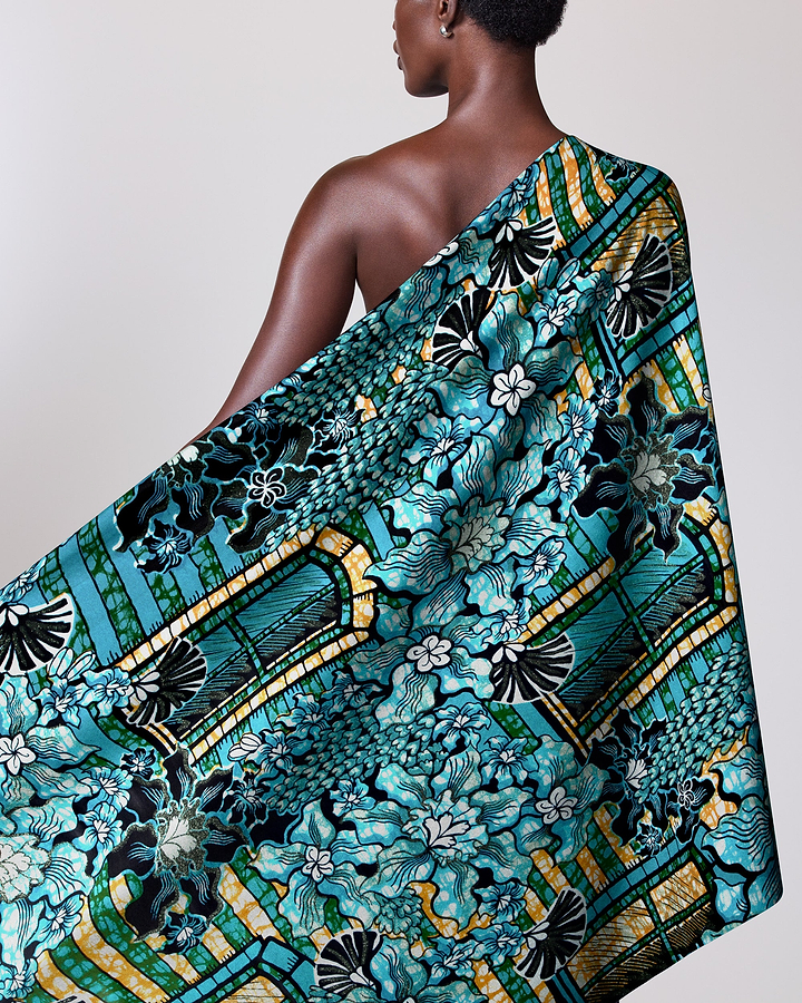 Vibrant teal black floral-patterned fabric grand super-wax vls7072.006