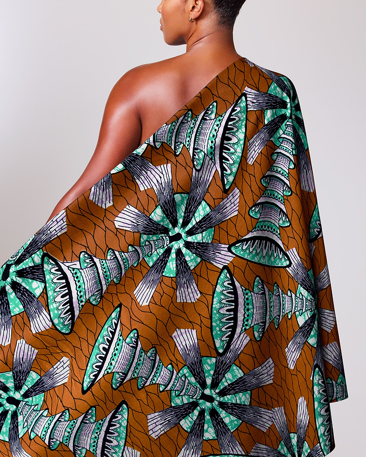 One-shoulder dress made vibrant brown super-wax vls7691.013