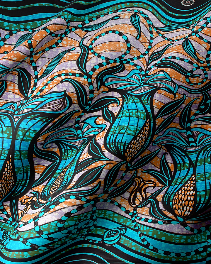 Vibrant turquoise black botanical print grand super-wax vls9099.004