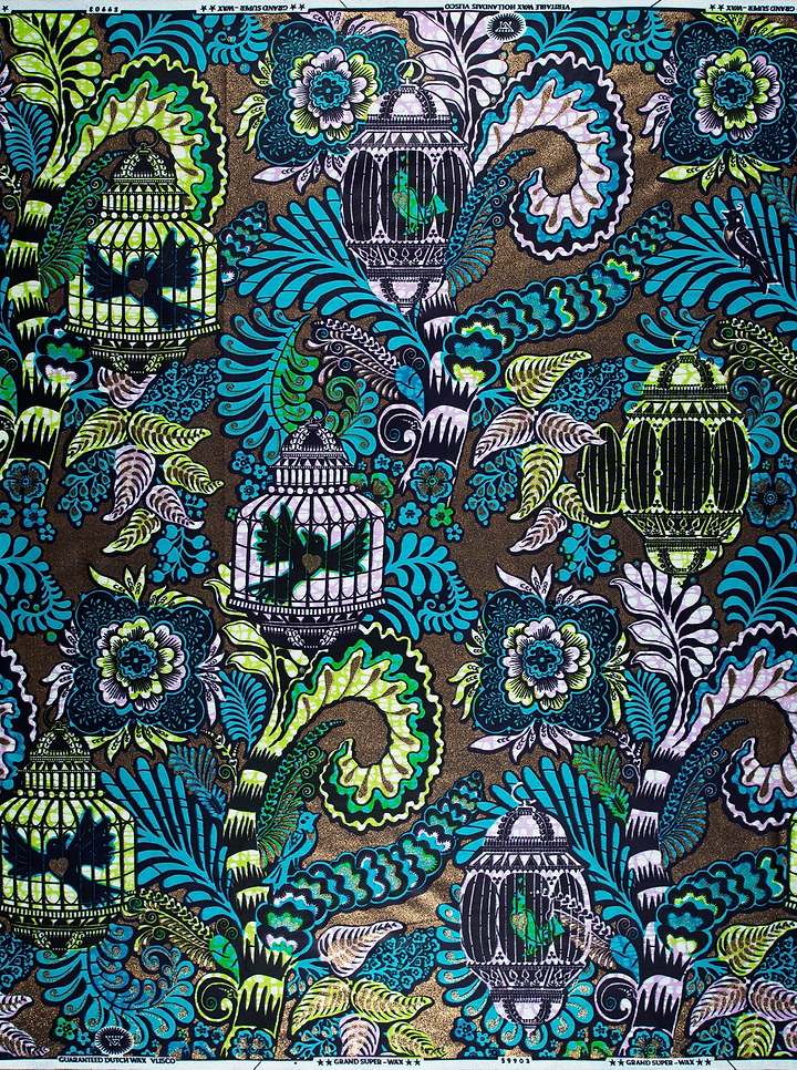 Vibrant turquoise lime green birdcage-patterned grand super-wax vls9903.012