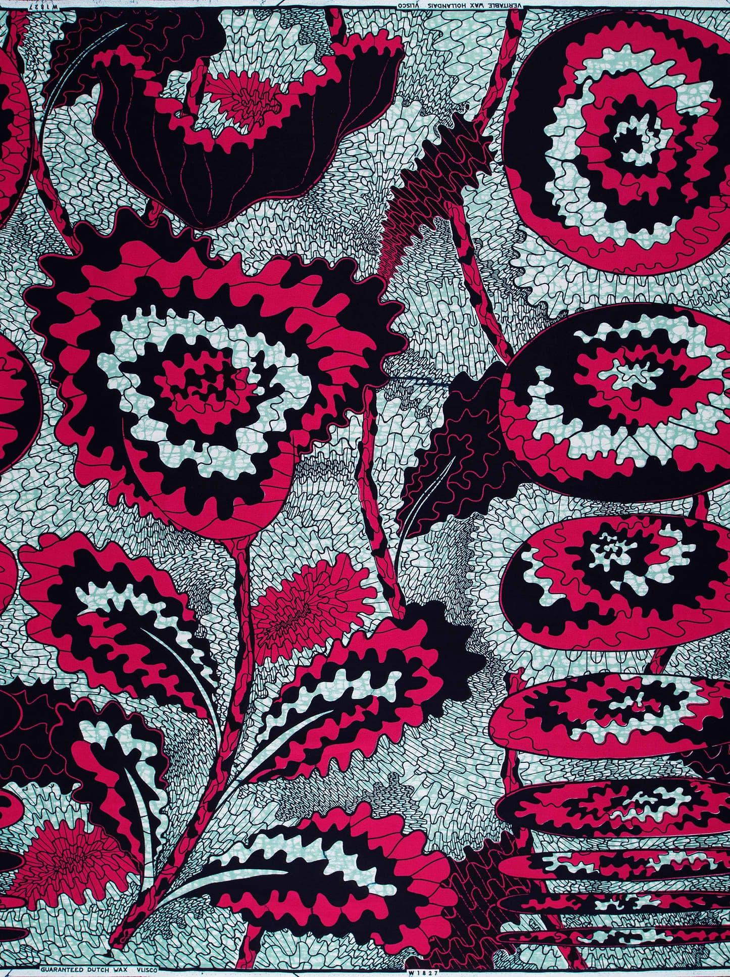Vibrant red black white floral-patterned wax hollandais vlw1827.002