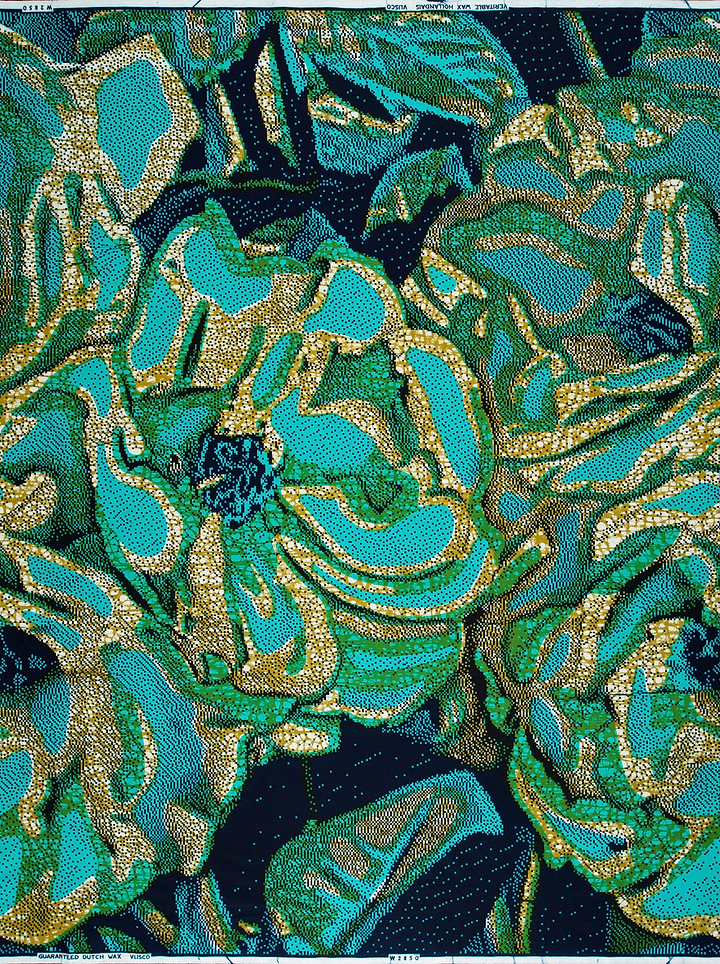 Vibrant teal gold floral fabric wax hollandais vlw2850.002