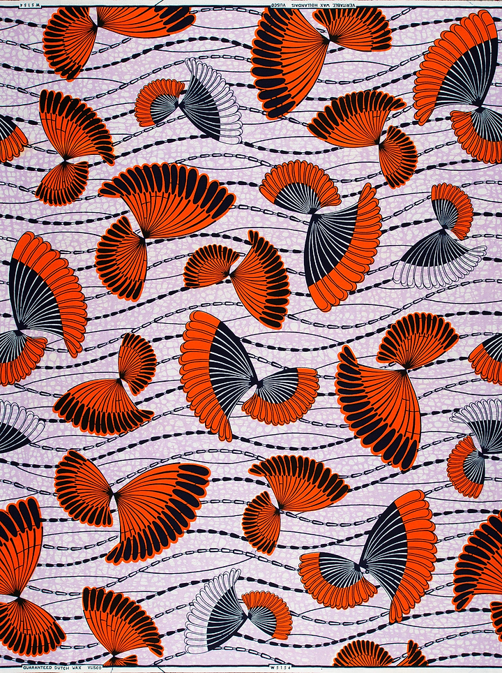 Vibrant orange black fan-shaped motifs wax hollandais vlw5154.001