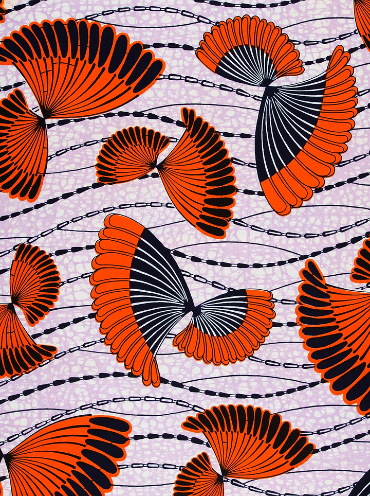 Vibrant orange black fan-shaped motifs wax hollandais vlw5154.001