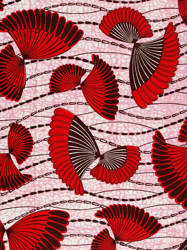 Vibrant red black fan-shaped motifs wax hollandais vlw5154.006