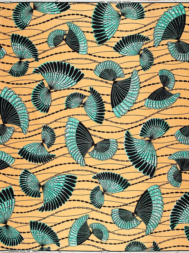 Vibrant teal black fan-shaped motifs wax hollandais vlw5154.007