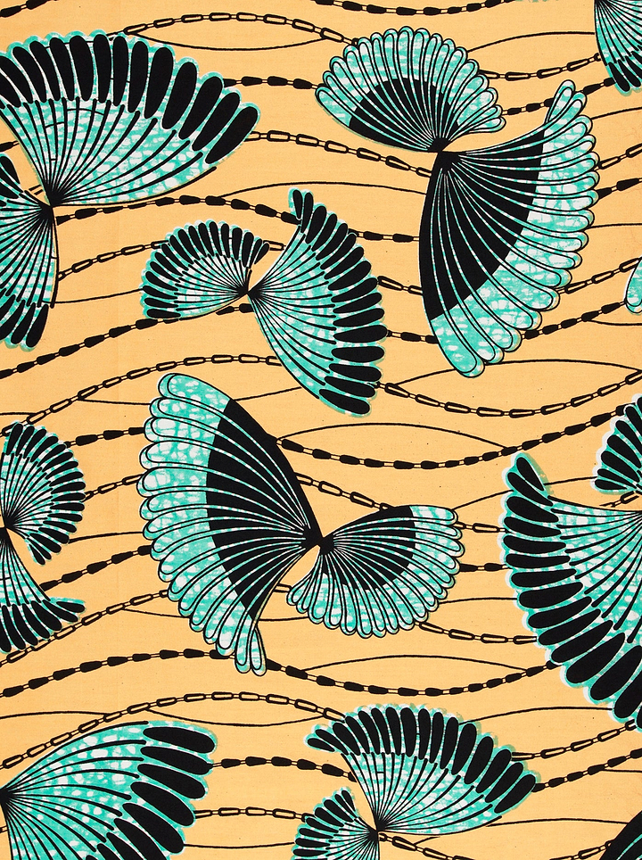 Teal black fan-shaped motifs warm wax hollandais vlw5154.007