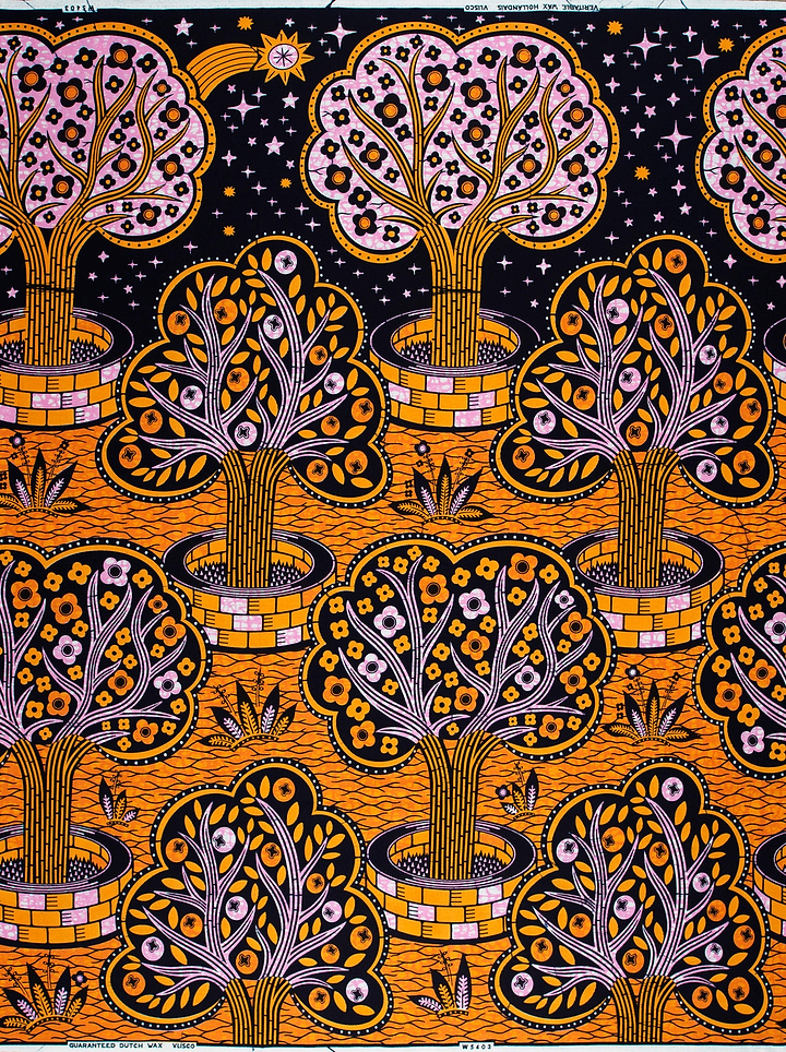 Vibrant orange black patterned fabric wax hollandais vlw5403.001