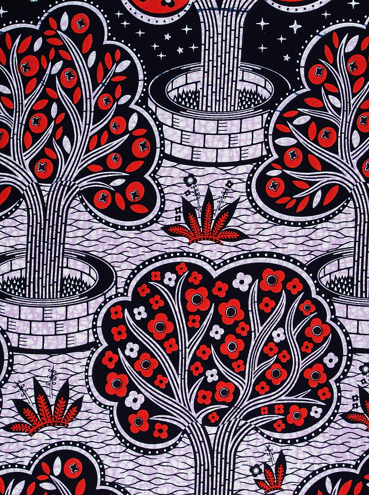 Black red white patterned fabric wax hollandais vlw5403.004