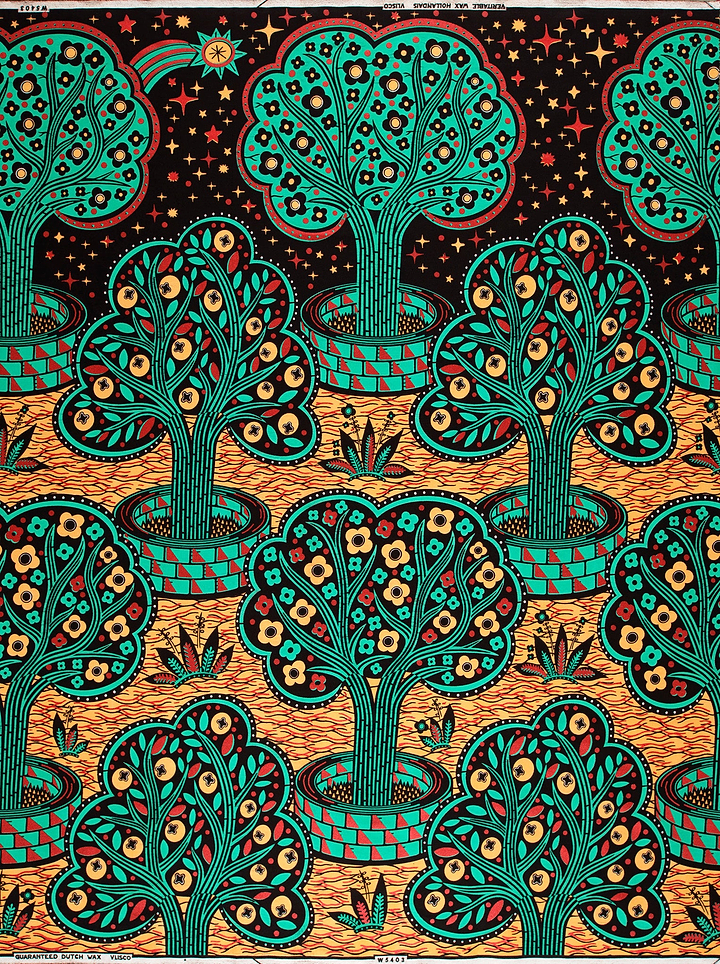 Vibrant teal trees intricate floral wax hollandais vlw5403.007