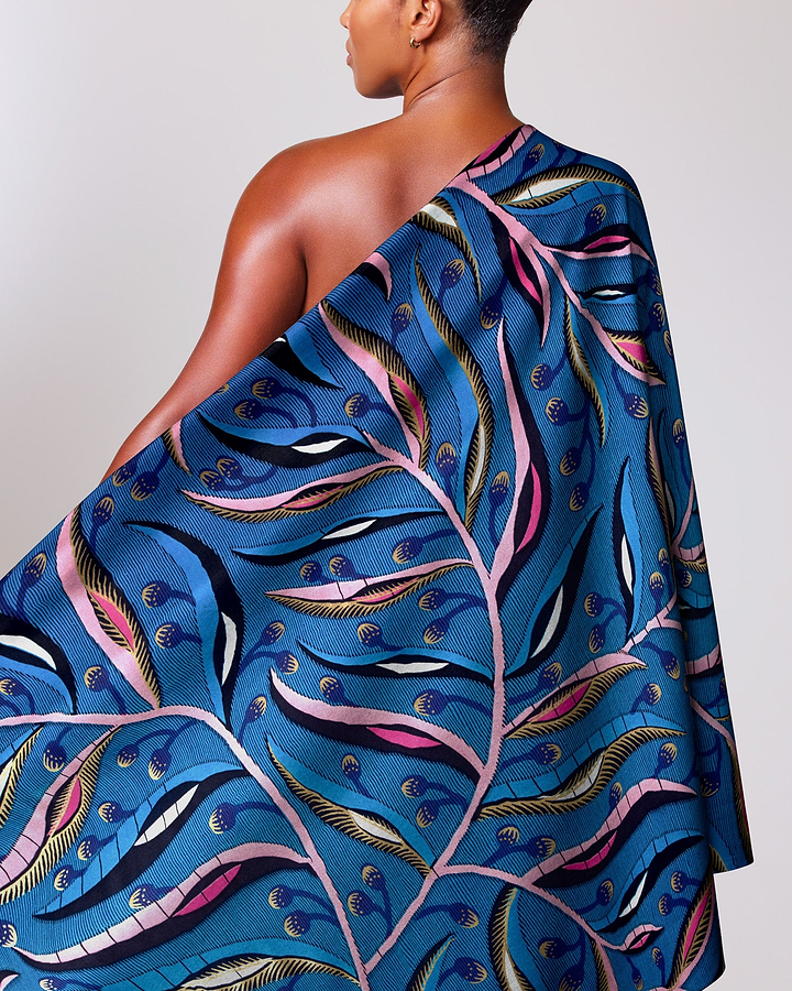 Vibrant blue one-shoulder wrap dress satin royal vlw7906.002