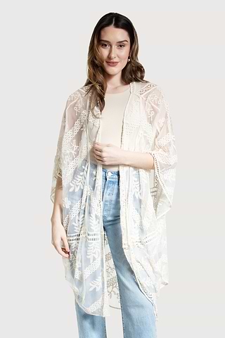 SHEER BOTANICAL GEO LACE KIMONO - SAACHI - Ivory - Kimono