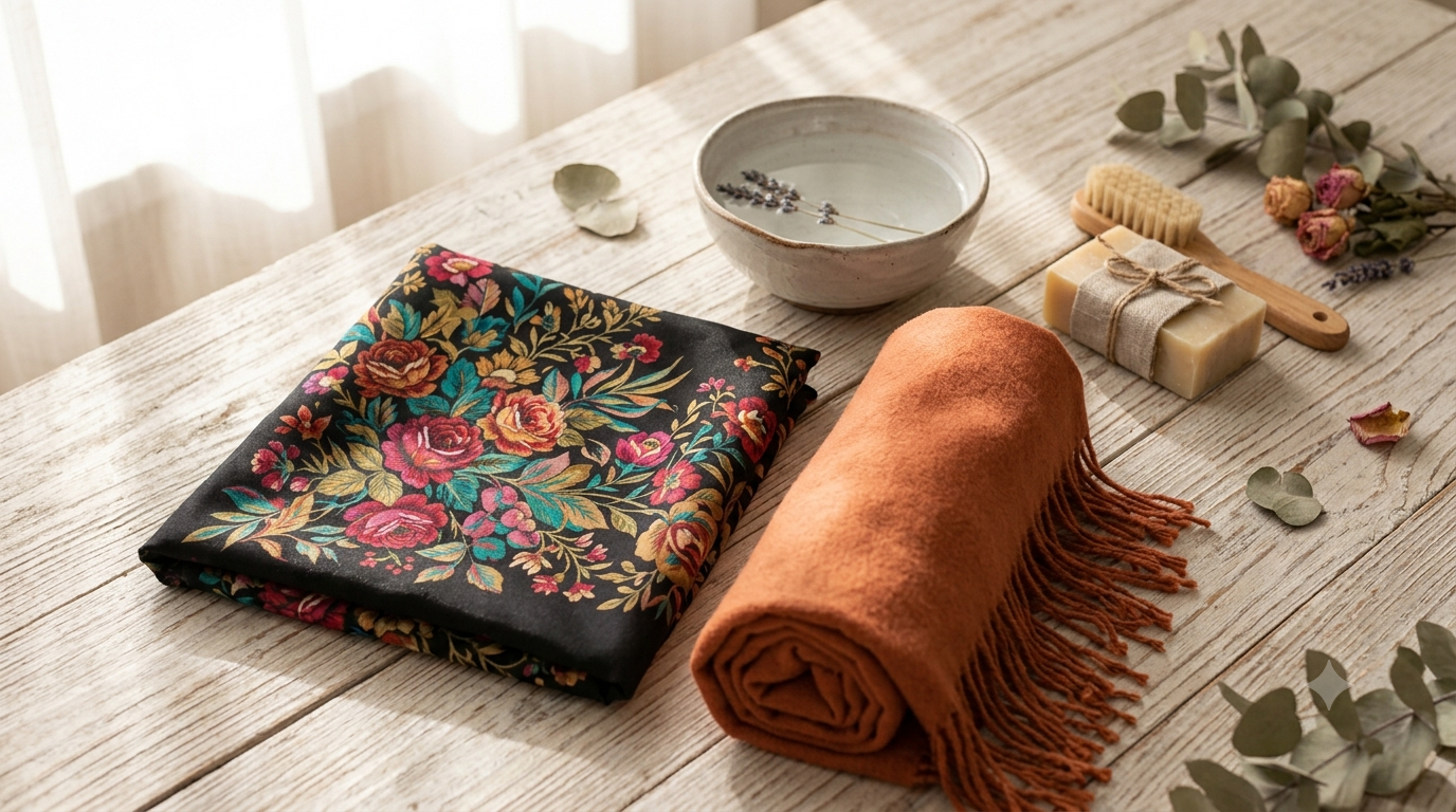 Folded printed silk shawl and rolled cashmere pashmina beside a bowl of water and gentle soap for hand washing