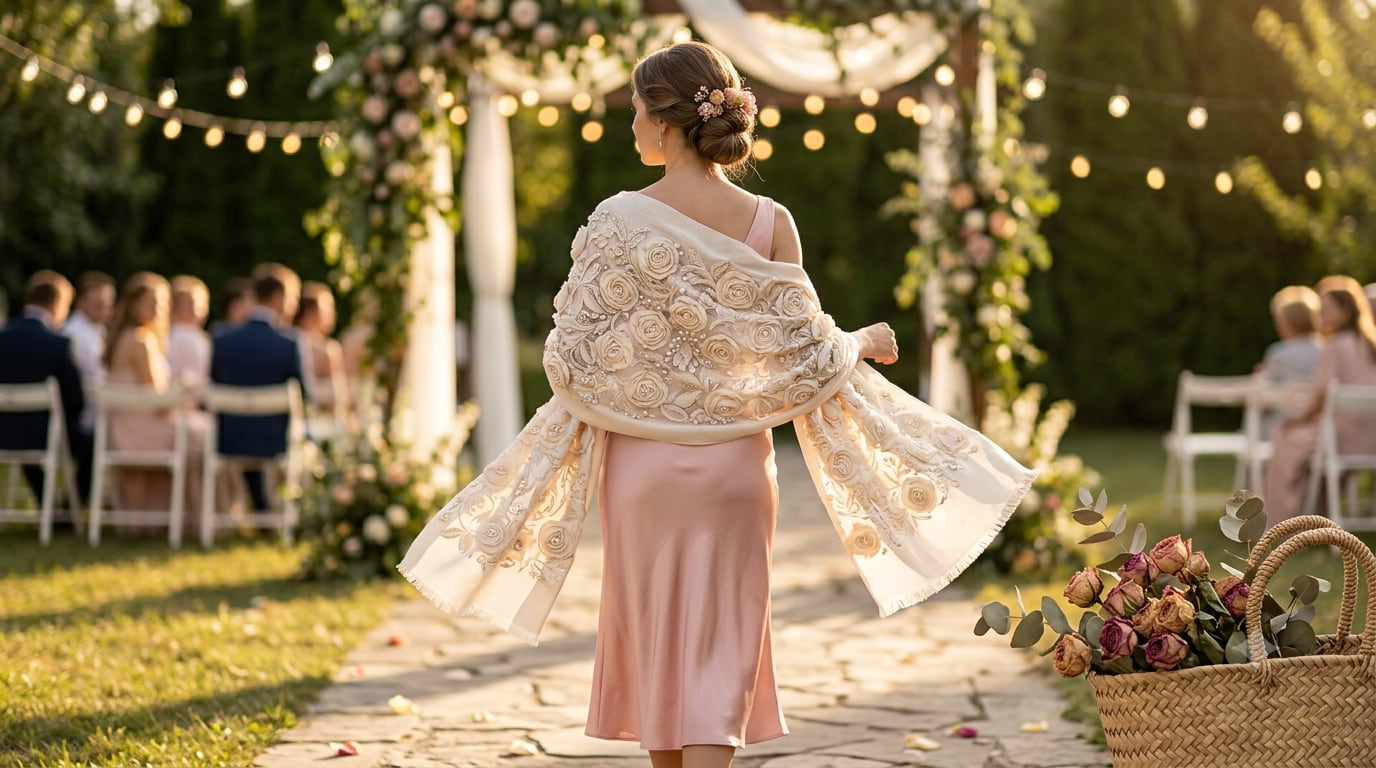 Wedding guest at an outdoor summer ceremony wearing an embroidered shawl draped over a blush pink dress