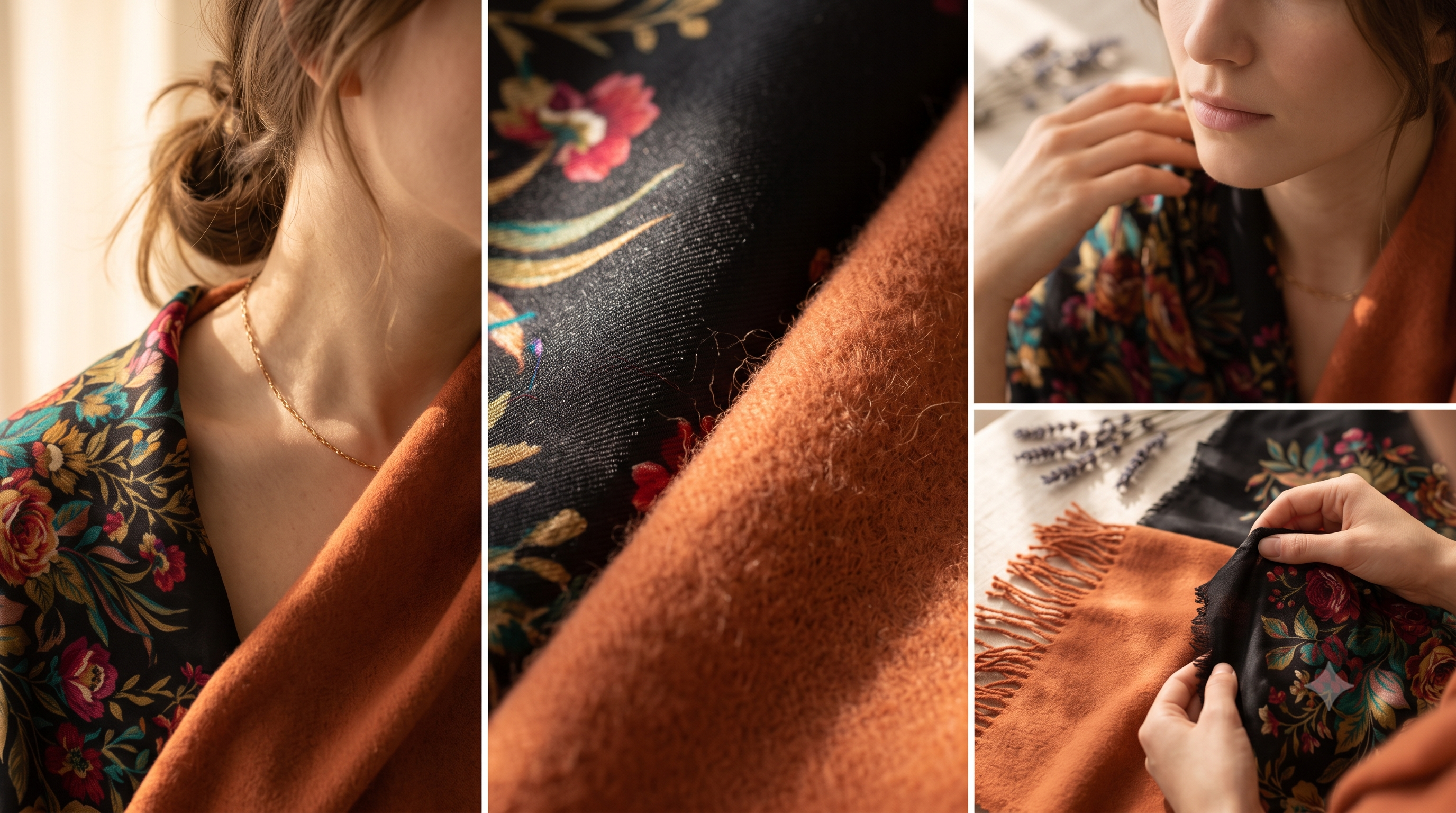 Close-up collage comparing the sheen of a printed silk shawl with the soft matte texture of a terracotta cashmere pashmina