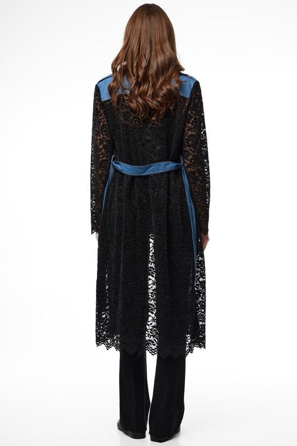 Lace Denim Trench Coat Jacket - Denim
