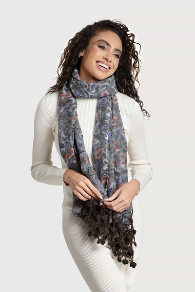 Mixed Print Knitted Fringe Scarf Dark Gray