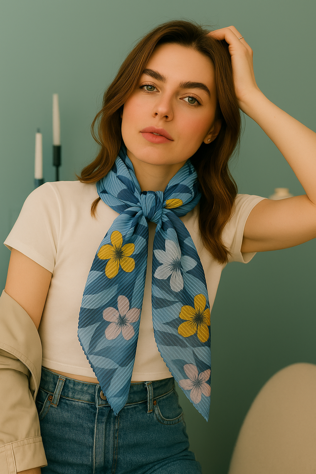 Pleated Floral Geo Scarf - SAACHI - BLUE - Scarves