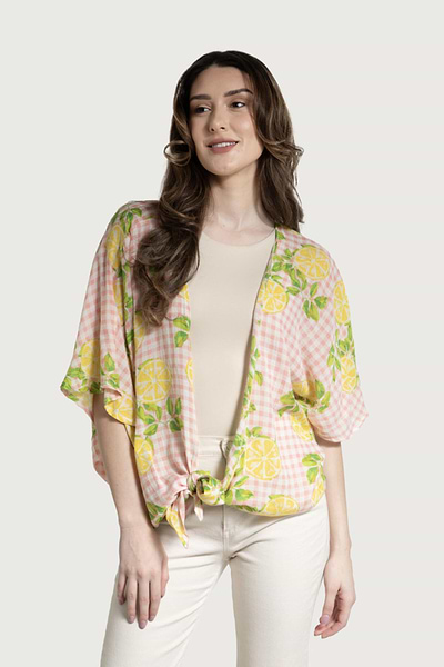 Gingham Citrus Tie Front Kimono - SAACHI - Pink - Kimono
