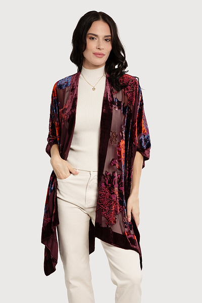 Burgundy Flower Velvet Kimono - SAACHI - Firebrick / One Size — Fits All - Kimono