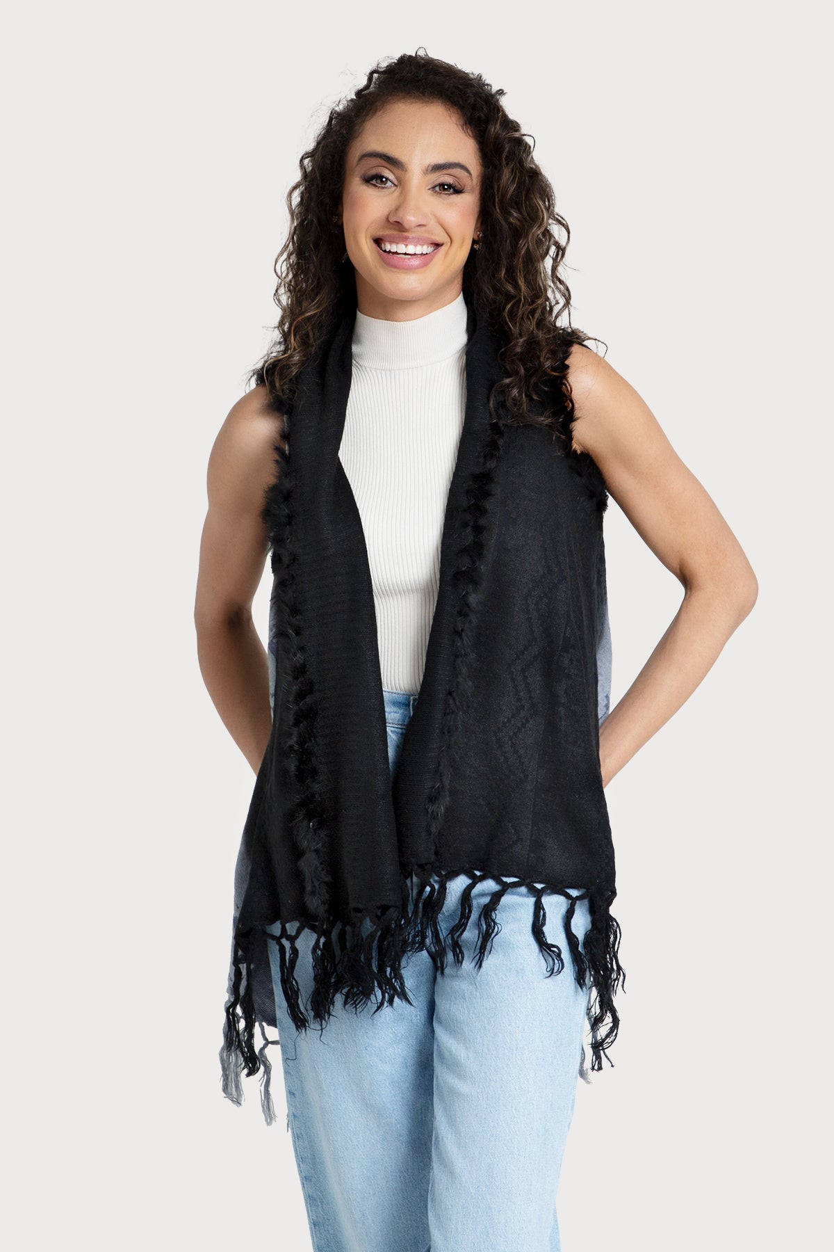 Fur Fringed Vest Black