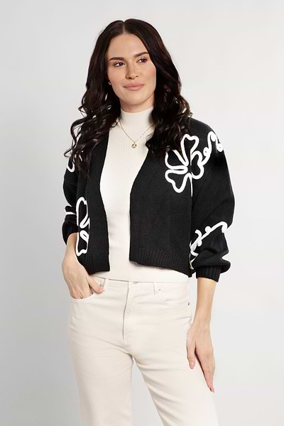Cropped Flower Squiggle Cardigan - SAACHI - Black / One Size — Fits All - Cardigan