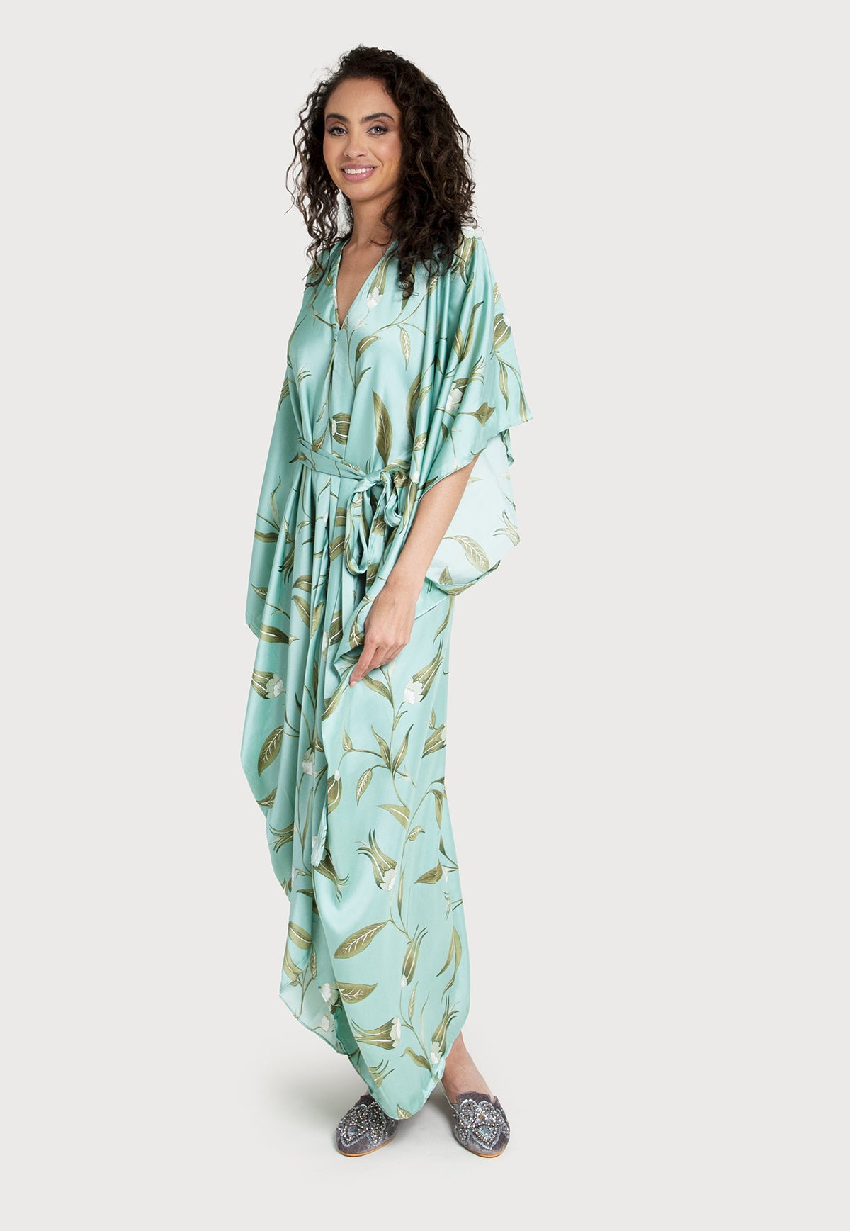 Satin Tie-Front Maxi Kaftan Pale Turquoise