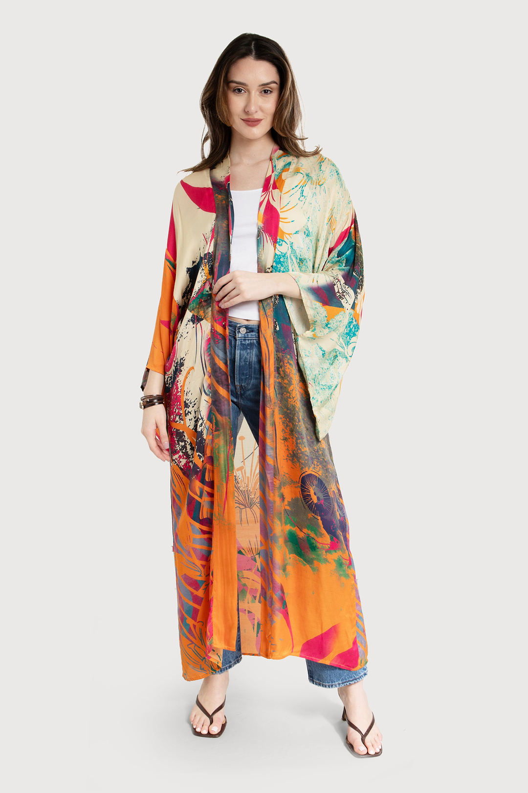 Vibrant Satin Kimono Abstract Dark Orange