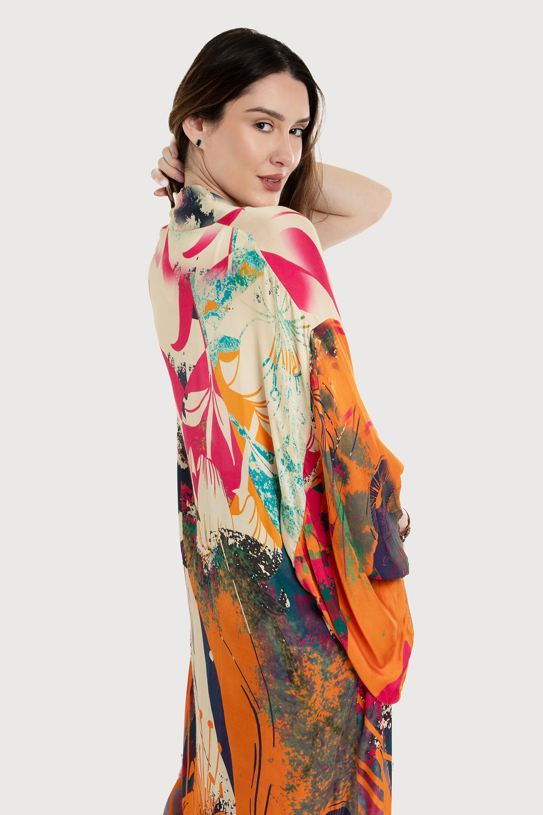 Vibrant Satin Kimono Abstract Dark Orange