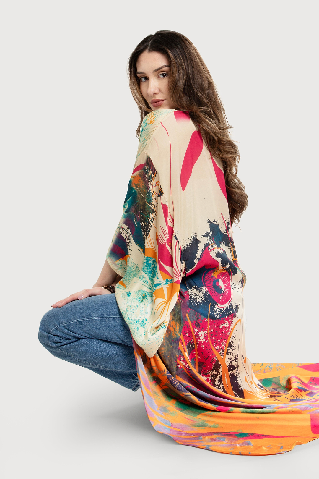 Vibrant Satin Kimono Abstract Dark Orange