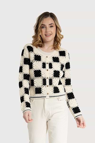 Crochet Checkered Cardigan - SAACHI - Cornsilk / One Size — Fits All - Cardigan