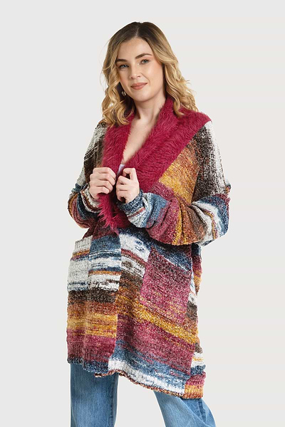 Fur Collared Abstract Striped Cardigan Indian Red