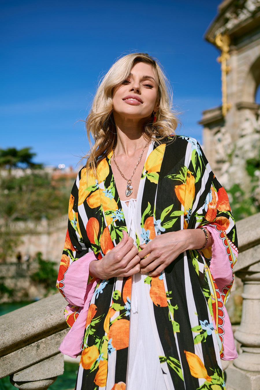 Citrus Print Kimono Long - Black