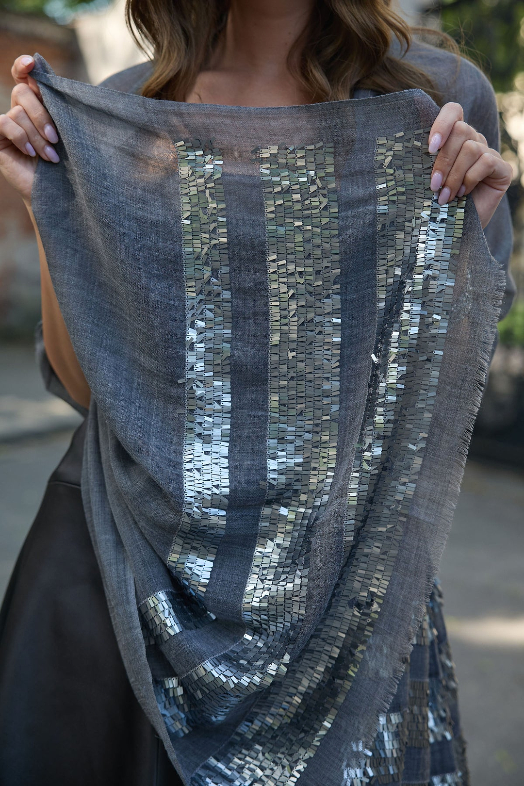 Fringe Sequins Scarf - Blue