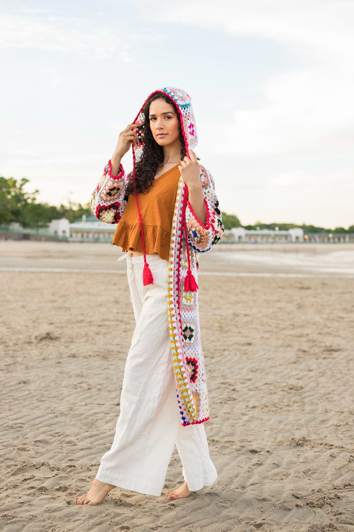 Hooded Granny Square Crochet Kimono White