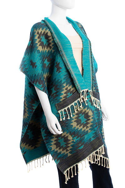 AZTEC JACQUARD RUANA - SAACHI - Turquoise / One Size — Fits All - Ruana