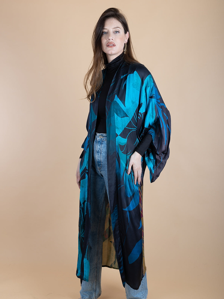 Vibrant Satin Kimono Abstract Midnight Blue