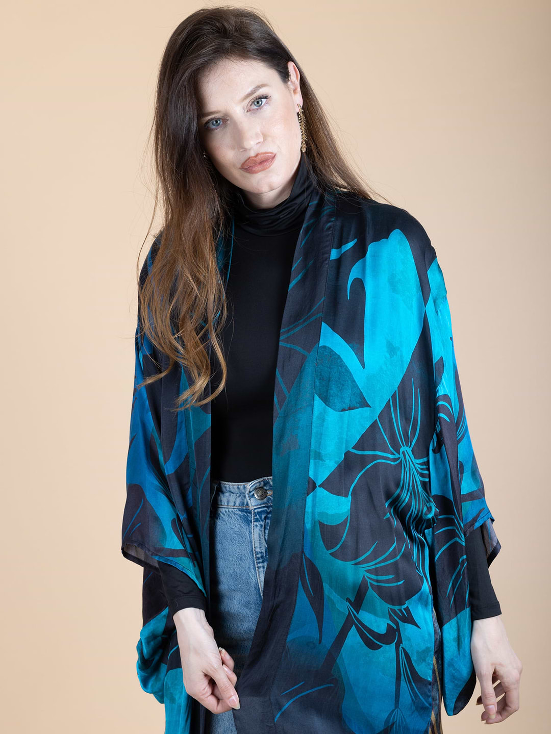 Vibrant Satin Kimono Abstract Midnight Blue